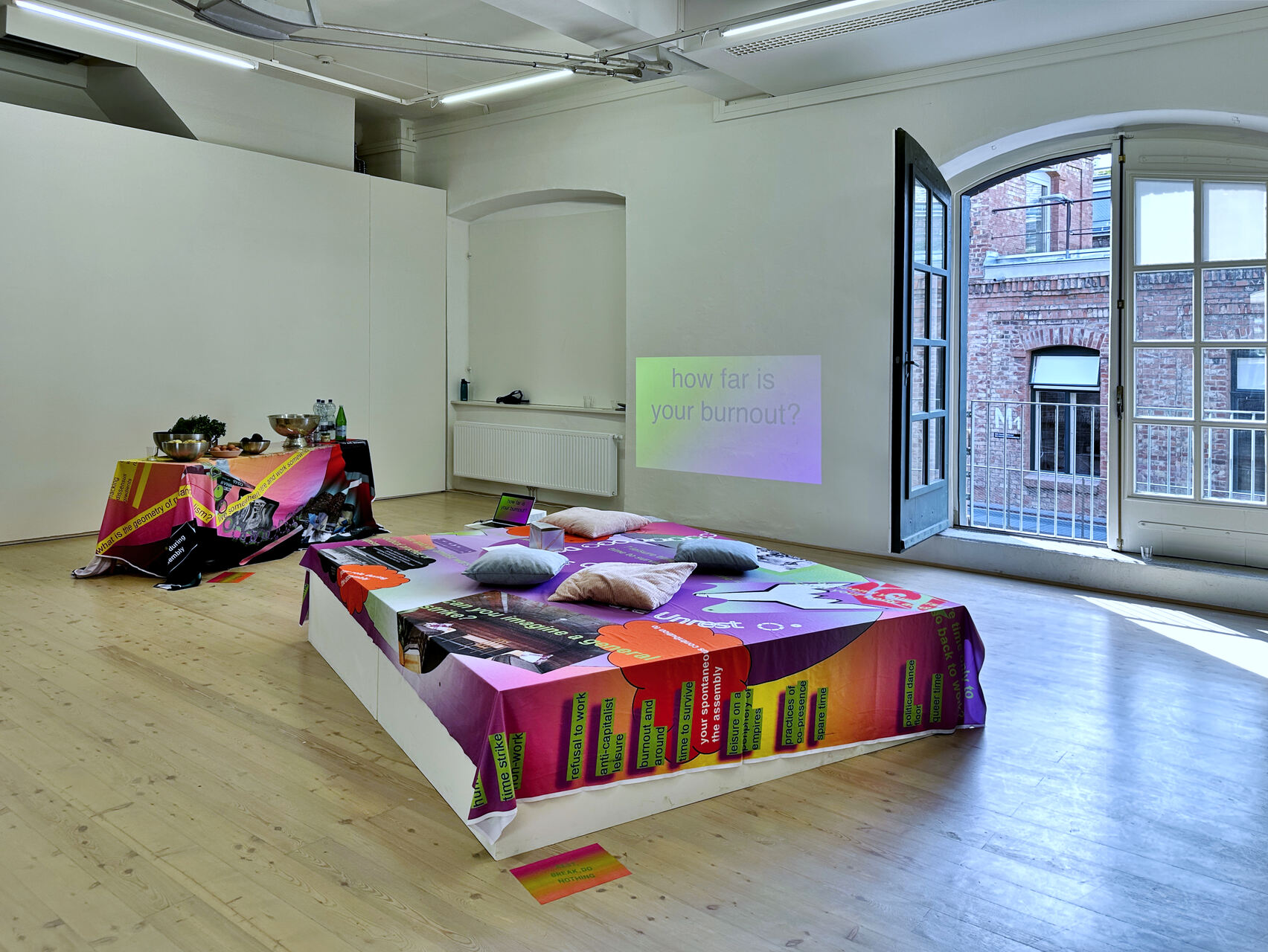 During assembly of Leisure unrest in KEX Kunsthalle / Vienna (AT), 2025 / photo by adO/Aptive
